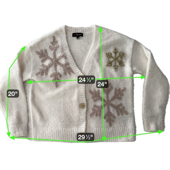 33 Degrees Cozy Coquette Snowflake Cardigan White Gold Glitter Button Medium - Picture 15 of 16